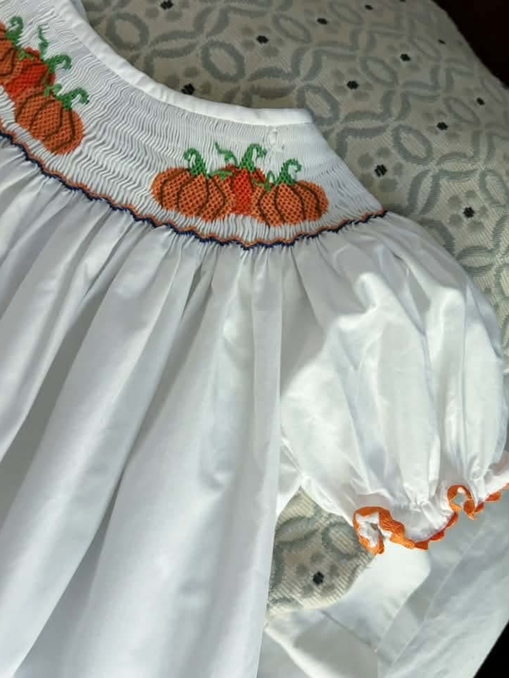 Classic Whimsy Boutique Pumpkin Smocked Top and Navy Pants Set - Picture 2 of 3